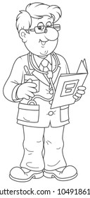 Smiling doctor in a hospital gown with a folder of a medical history and a stethoscope, a black and white vector illustration in cartoon style for a coloring book