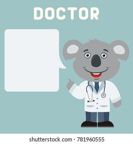 Smiling doctor koala with bubble speech in cartoon style. 