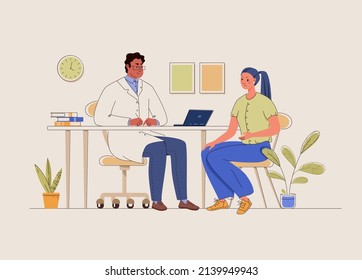 Smiling Doctor In Office With Laptop On Table Consults Woman And Makes Notes In Patient's Personal File. Flat Vector Illustration.