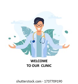 Smiling doctor opens his hands. Welcome to our clinic. Flat cartoon style design. Vector illustration on white background.