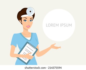 Smiling doctor otolaryngologist with a folder in her left hand demonstrates something
