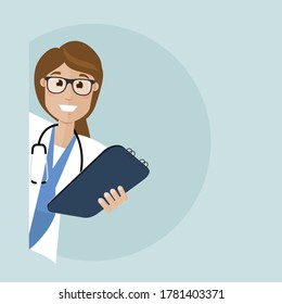 Smiling doctor peeking around the corner and holding a tablet for notes, interviewing a patient