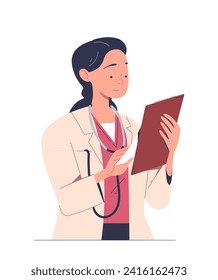 Smiling doctor person concept. Woman in medical uniform with patients card. Health care and medicine, treatment. Sticker for social media. Cartoon flat vector illustration isolated on white background