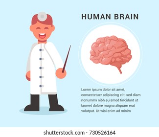Smiling doctor pointing to brain on round poster. Vector illustration in flat style with text
