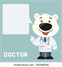 Smiling doctor polar bear with bubble speech in cartoon style. 