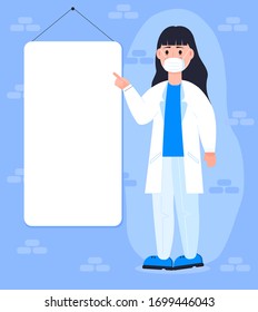 Smiling doctor or scientist with medical mask shows hand on blank board, paper, poster. Copy space for add text, medical information concept vector. Laboratory lesson in empty white board and screen