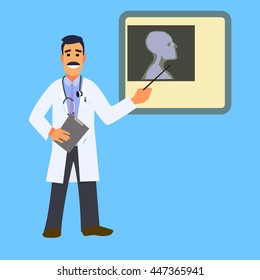 Smiling doctor showing a pointer on the x-ray picture. Character healthcare concept - vector illustration