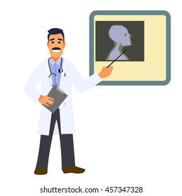 Smiling doctor showing a pointer on the x-ray picture. Character healthcare concept - vector illustration
