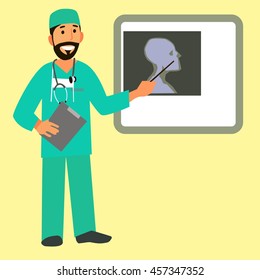 Smiling doctor showing a pointer on the x-ray picture. Character healthcare concept - vector illustration