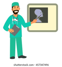 Smiling doctor showing a pointer on the x-ray picture. Character healthcare concept - vector illustration