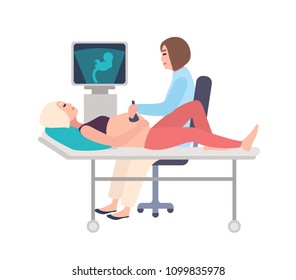 Smiling doctor or sonographer doing obstetric ultrasonography procedure on pregnant woman with medical ultrasound scanner. Baby growth monitoring. Colorful cartoon vector illustration in flat style