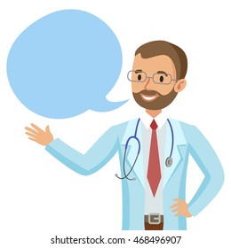 Smiling doctor with speech bubble. Happy physician. Vector illustration