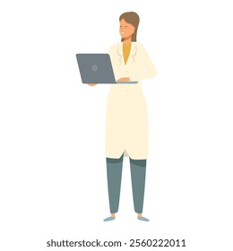 Smiling doctor is standing and working on a laptop, potentially researching a new cure
