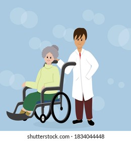 Smiling doctor stands next to an elderly woman sitting in a wheelchair. Happy elderly woman living with disability. Equal opportunities concept. Handicapped character. Vector illustration.
