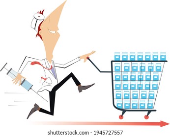 Smiling doctor, syringe and vaccine illustration.
Cheerfulness doctor with a big syringe and a trolley full of bottles with injections isolated on white
