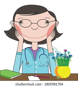 smiling doctor at the table, in front of her a vase of flowers