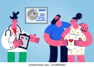 Smiling doctor talk to happy couple waiting for childbirth about pregnancy time. Smiling man and woman future parents consult with therapist on baby birth. Parenting. Vector illustration. 