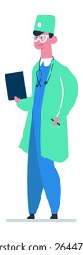 Smiling doctor wearing protective glasses, surgical cap, stethoscope and lab coat, holding a clipboard and a pen, providing healthcare services in a modern medical setting