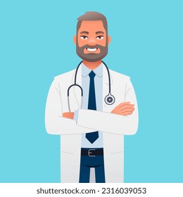 Smiling doctor in a white coat with a stethoscope stands with his arms crossed. Happy chief physician therapist. A successful confident bearded man. Vector cartoon illustration on a blue background.