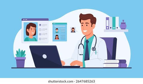 A smiling doctor in a white coat and stethoscope is using a laptop. Patient profiles are displayed on the laptop screen.