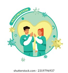 Smiling doctors giving five after getting vaccine shots. Comprehensive immunization. Human clinical trials vaccination shots. Protection from pandemic. Vector