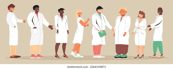 Smiling doctors, nurses vector. Distance medical conference. Clinic, doctor webinar, medicine blog illustration. Pharmacist helps to buy medication. Paramedics in uniform. 