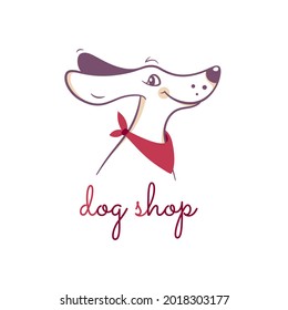 Smiling dog in bandana logo. Cartoon mascot for pet shop, veterinary or cynologist