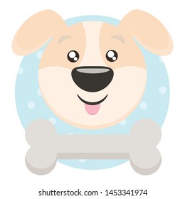 Smiling dog with a bone on a background consisting of a blue circle and white dots