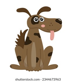 Smiling dog, brown puppy, hunting beagle, brown spotted pet, tongue, breed, cartoon happy mammal. Cheerful, domestic, wild doggy. Isolated on white background. Vector illustration.