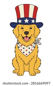 Smiling dog celebrating independence day. Pet in fourth of july costume. Golden retriever with star hat.