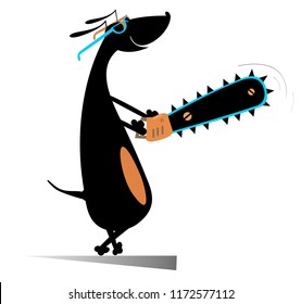 Smiling dog with chainsaw illustration. Cartoon dog a worker holding a chainsaw isolated on white
