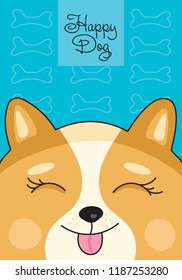 Smiling dog corgi drawn in a simple style on the background of a pattern of bones, vector illustration, eps-8