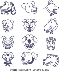 Smiling dog faces line drawing collection.