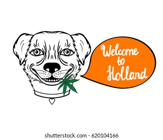 Smiling dog with a leaf. Character for the coffeeshop of Holland. Vector illustration isolated on white background.