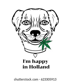 Smiling dog with a leaf. Character for the coffeeshop of Holland. Vector illustration isolated on white background.