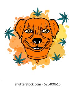 Smiling dog with a leaf. Character for the coffeeshop of Holland. Vector illustration isolated on white background.