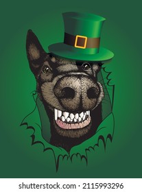 Smiling dog in Leprechaun hat peeking out of torn hole. St Patrick's day vector illustration.