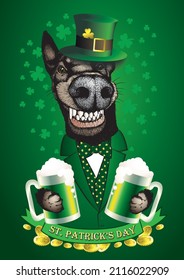 Smiling dog in Leprechaun hat with two green beer glasses. St Patrick's day vector invitation.