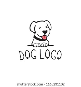 Smiling dog logo on white. Cartoon drawing as happy pet symbol. vector