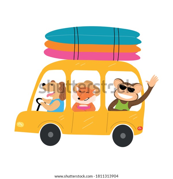 Smiling dog, monkey and fox friends going on\
vacations by yellow vintage\
car