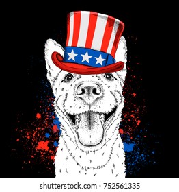 A smiling dog  in old American hat with a flag. National Symbols of the USA. Vector illustration 