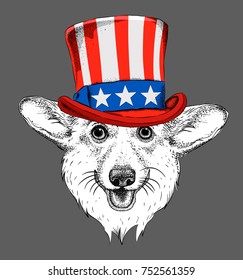 A smiling dog  in old American hat with a flag. National Symbols of the USA. Vector illustration 