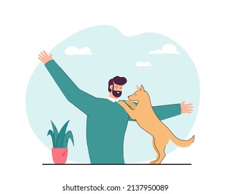 Smiling dog owner playing with cute puppy. Adorable pet hugging man flat vector illustration. Domestic animals, love, care concept for banner, website design or landing web page