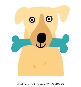 Smiling dog with rubber bone in mouth. Vector illustration on white background.