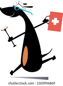 Smiling dog runs to render the medical aid illustration. Cartoon hurry dachshund a doctor with a doctor bag and endoscope isolated on white