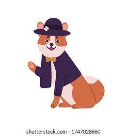 Smiling dog shiba inu breed wearing suit with bow and hat vector flat illustration. Friendly fashion domestic animal waving hand isolated on white background. Cute pet wearing stylish apparel