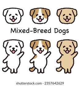 Smiling dog standing on two legs face and whole body set.