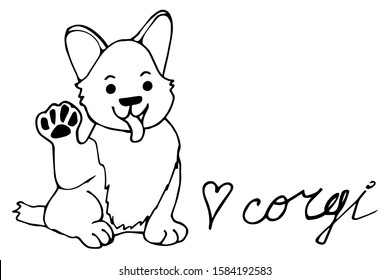 Smiling dog with the text "Love Corgi" written in solid line. Abstract line text, hand drawn doodle. Vector illustration White isolated background.