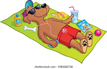 Smiling dog wearing sunglasses, baseball cap, and swimsuit while holding a cold drink and listening to music with ear buds and having a bag of chips, a bone, a ball, sun tan lotion, and magazine.