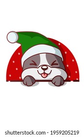A smiling dog while closing his eyes wearing a green christmas hat